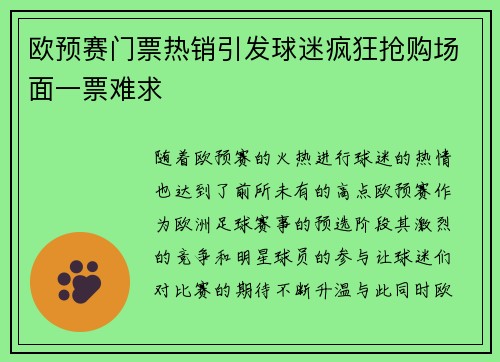 欧预赛门票热销引发球迷疯狂抢购场面一票难求