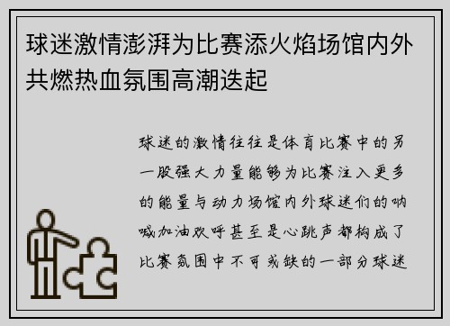 球迷激情澎湃为比赛添火焰场馆内外共燃热血氛围高潮迭起