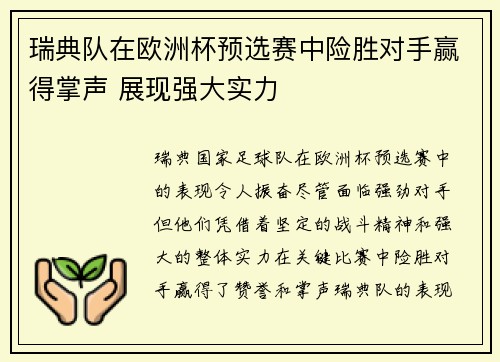 瑞典队在欧洲杯预选赛中险胜对手赢得掌声 展现强大实力