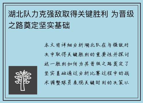 湖北队力克强敌取得关键胜利 为晋级之路奠定坚实基础