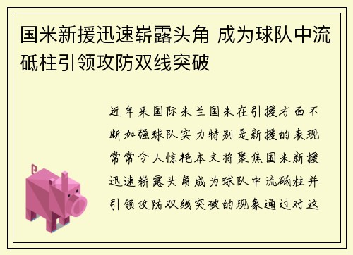 国米新援迅速崭露头角 成为球队中流砥柱引领攻防双线突破