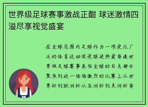 世界级足球赛事激战正酣 球迷激情四溢尽享视觉盛宴
